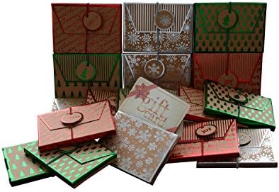 Gift Card Holder, Kraft Envelope Box with Strong Elastic and tag, Christmas Designs in Red, Green and Silver, Pack of 18 Gift Boxes