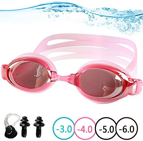 YINGNEW Prescription Swim Goggles 100% UV Protection ,Optical Corrective Swimming Goggles with 3 size Nose Bridge for Kids Girls Women - Extra Ear Plugs Nose Piece Protection Case
