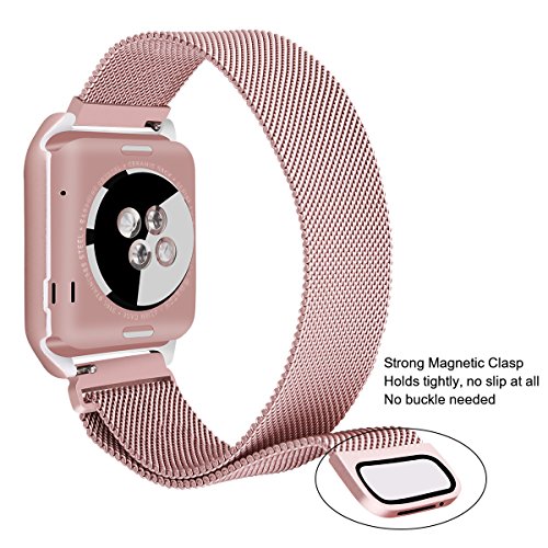 LikeItY Apple Watch Band Milanese Loop,Likeity Stainless Steel Magnetic Band With Metal Case For Apple Watch Series 1/2 - Shockproof Protective Bumper Replacement Strap(38mm Rose Gold)