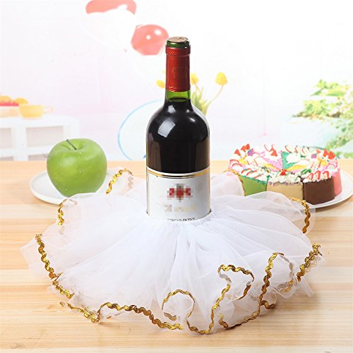 Haperlare 3pcs Elegant Red Wine Bottle Cover Tulle Wine Bottle Skirt with Glitter Gold Brims for Wedding Party Baby Shower Christmas Birthday Cake Dessert Table Decorations,White