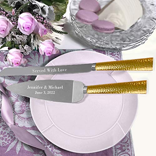 Personalized Engraved Customized Wedding Cake and Knife Server Set, Hammered Metal Cake Cutter with Knife, Gold
