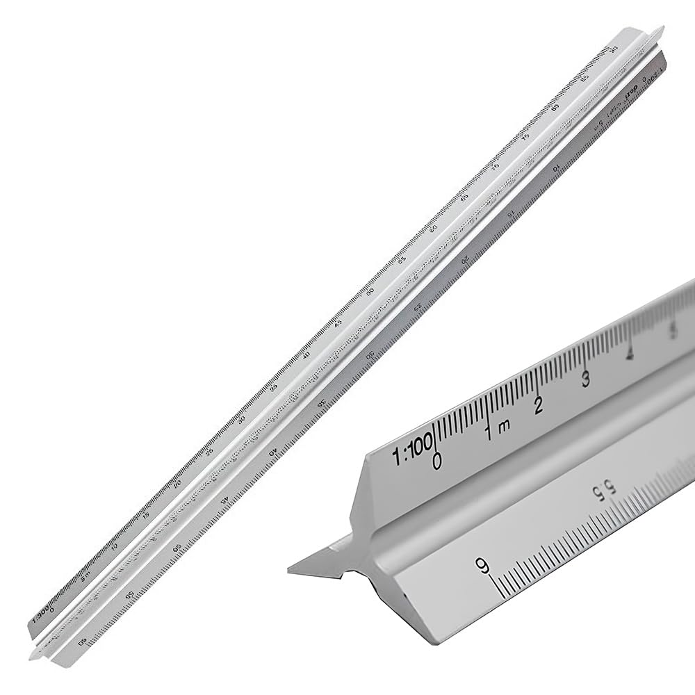 Architectural Scale Ruler, Aluminum Triangular Scale Ruler Metric 1:20, 1:25, 1:50, 1:75, 1:100, 1:125 Standard 12 Inch for Architects, Students, Draftsman and Engineers Silver