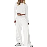 Fisoew Womens 2 Piece Lounge Sets Off The Shoulder Long Sleeve Crop Tops Wide Leg Pants Tracksuit Outfits with Pockets