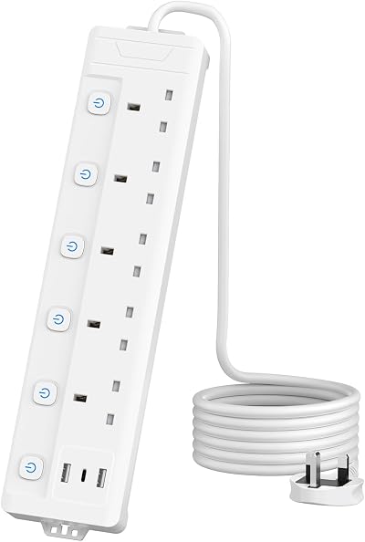 Mscien 2M 5 Way Extension Lead with USB Slots USB A C Individually Switched