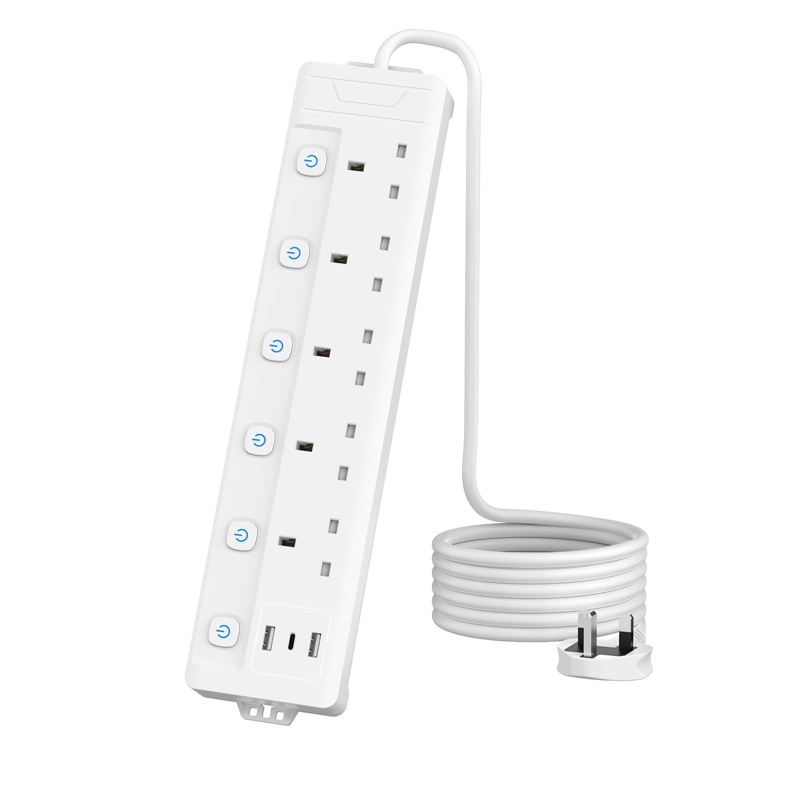 2M 5 Gang Extension Lead with 3 USB Slots (2 USB-A,1 USB-C), Individually Switched Extension Lead with USB Slots, White 2 Metre Extension Lead, For Home Dorm Office Multi Plug