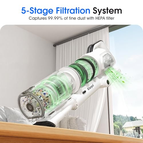 Klarpul Cordless Vacuum Cleaner, 2 Batteries 140 Mins Runtime 600W 50Kpa Stick Vacuum Cordless, Self-Standing Vacuum Cleaners for Home with 2.5H Fast Charging, for Floor/Carpet/Pet Hair, White