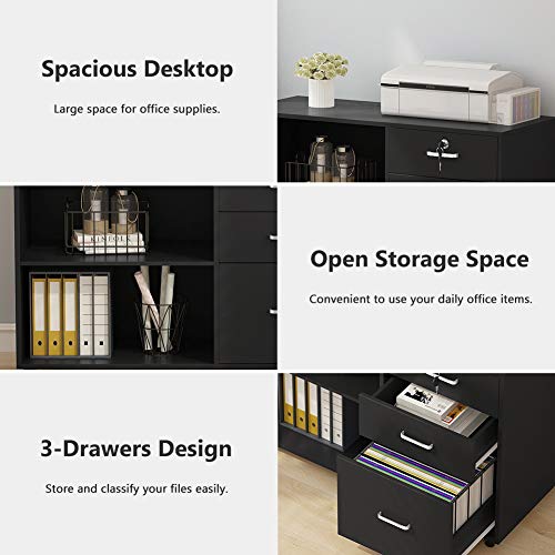 Tribesigns 3 Drawer Wood File Cabinets with Lock, Large Modern Lateral Mobile Filing Cabinets Printer Stand with Wheels, Open Storage Shelves for Home (Black with Lock)