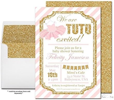 Girls Pink and Gold Tutu Baby Shower Invitations with Gold Glitter Accents