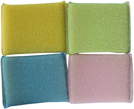 Powerful Dishwashing Sponge Scouring Pads Set of 4 - Removes Grease, Oil Completely from Plates, Cups, Glassware, Baking Tins - Long Lasting Satisfaction Guaranteed!