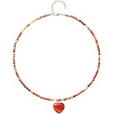 VIYIKAMI Heart Penadnt Necklace for Women- Exaggerated Statement Puff Heart Necklace with Carnelian Beaded Chain Colorful Beaded Statement Red Agate Chokers Necklace Fashion Jewelry
