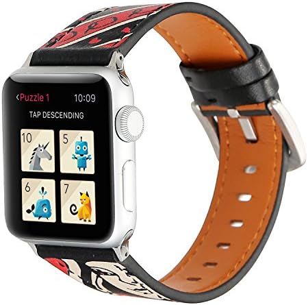 Mens Band for Apple Watch 42mm, Boy's Leather Bracelet for Apple iwatch 42mm Series 3 2 1 Nike+ Sport Edition All Versions Strap Belt Wristwatch Replacement Accessories (Queen of Hearts)