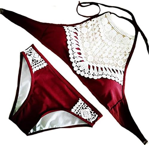 Dahanyi SpeacialWomens Halter Tie-back Lace Splice Triangle 2pcs Bikini Wine red Large Wine RedUS Large Sexy