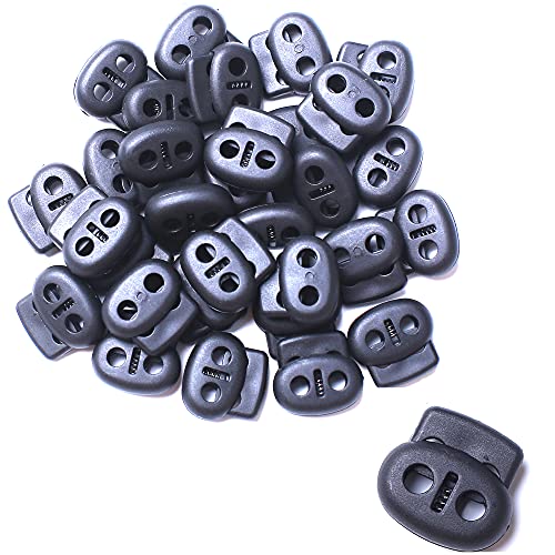 AXEN 30PCS Plastic Cord Lock End Toggle Double Hole Spring Stopper Fastener Toggles for Shoelaces, Drawstrings, Paracord, Bags, Clothing and More, Black