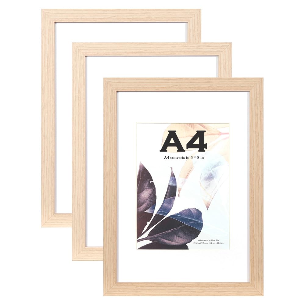 Natural Wooden Picture Frame A4 with Mount,Set of 3,A4 Frame,A4 Picture Frame,A4 Poster Frame,Freestanding and Wall Mountable