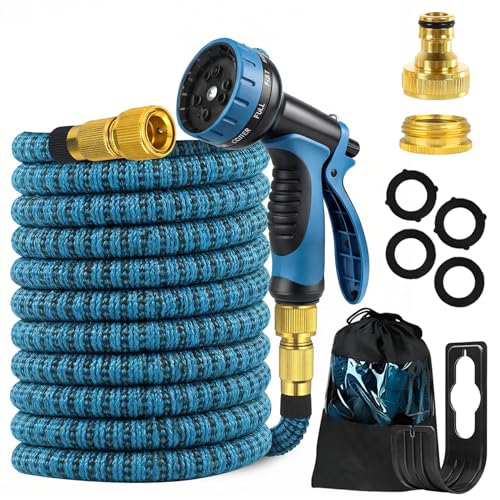 Evviee Manguera Jardin Extensible, Manguera Extensible 30 Metros con 10 Boquillas de Patrón de Pulverización Conector de Latón Tela 3750D Manguera, Adaptadores de 1/2" y 3/4" para Jardinería