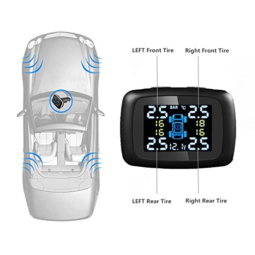 CarBest Tire Pressure Monitoring System, Wireless TPMS with 4 External Sensors, Cigarette Lighter Plug LCD Display with Tire Pressure, Temperature Gauge and Battery Voltage, DIY