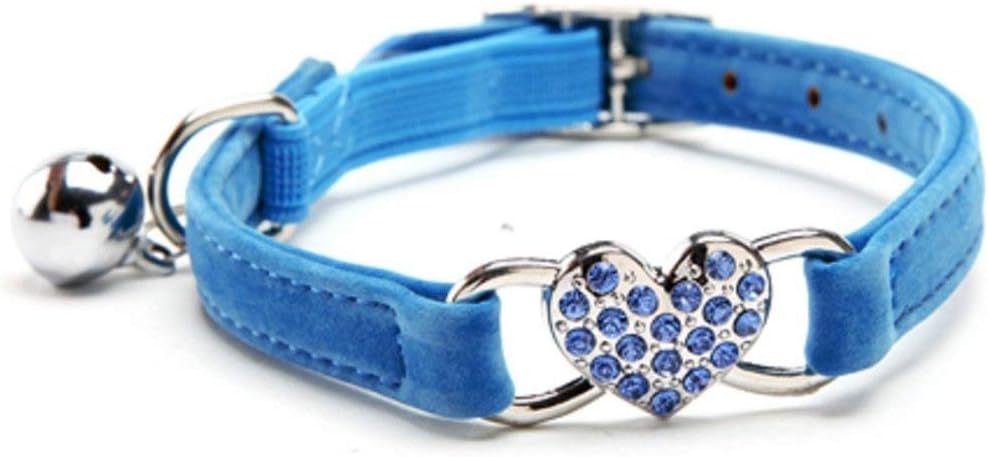 DAIXI Cat Collar with Safety Belt and Bell Heart Bling 8-11 Inches (Blue)