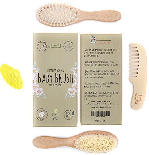 Wooden Baby Hair Brush and Comb Set (4-Piece) for Newborns and Toddlers | Ideal for Baby Cradle Cap | Wood Bristles Baby Massage and Scalp Brush | Perfect for Baby Registry Gift Set