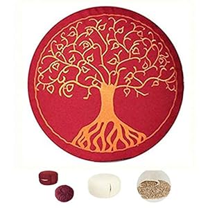 Maylow Yoga with Heart Meditation Cushion with Tree of Life Embroidery 33 x 15 cm Filled with Spelt Fur Cover and Ticking 100% Cotton – aubergine