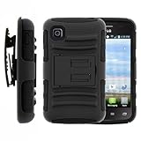 MINITURTLE, High Impact Rugged Hybrid Dual Layer Protective Phone Armor Case Cover with Built in Kickstand and Swiveling Holster Belt Clip for TracPhone Prepaid Android Smartphone LG Optimus Dynamic 2 II L39C (Black)