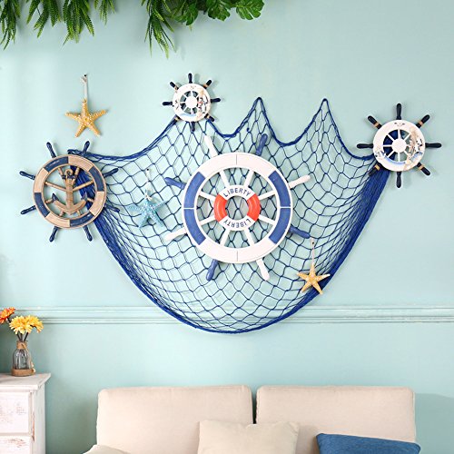 Decorative Fish Net Blue Yagote Mediterranean Style Nautical Decorative Fishing Net with Shells for Home Party Room Decoration 1.5 X 2meter Blue
