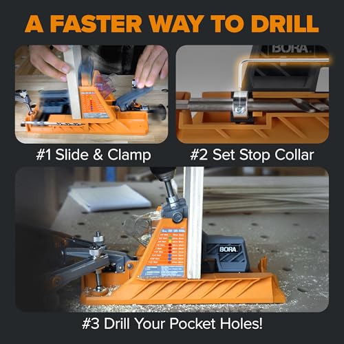 Bora Automatic Pocket Hole Jig with 50 Color-Coated Screws, Auto Adjusting Drill Guide, Pocket Hole Jig Kit for Woodworking - for Materials 1/2 inch to 1 1/2 inch Thick, BR-A170201