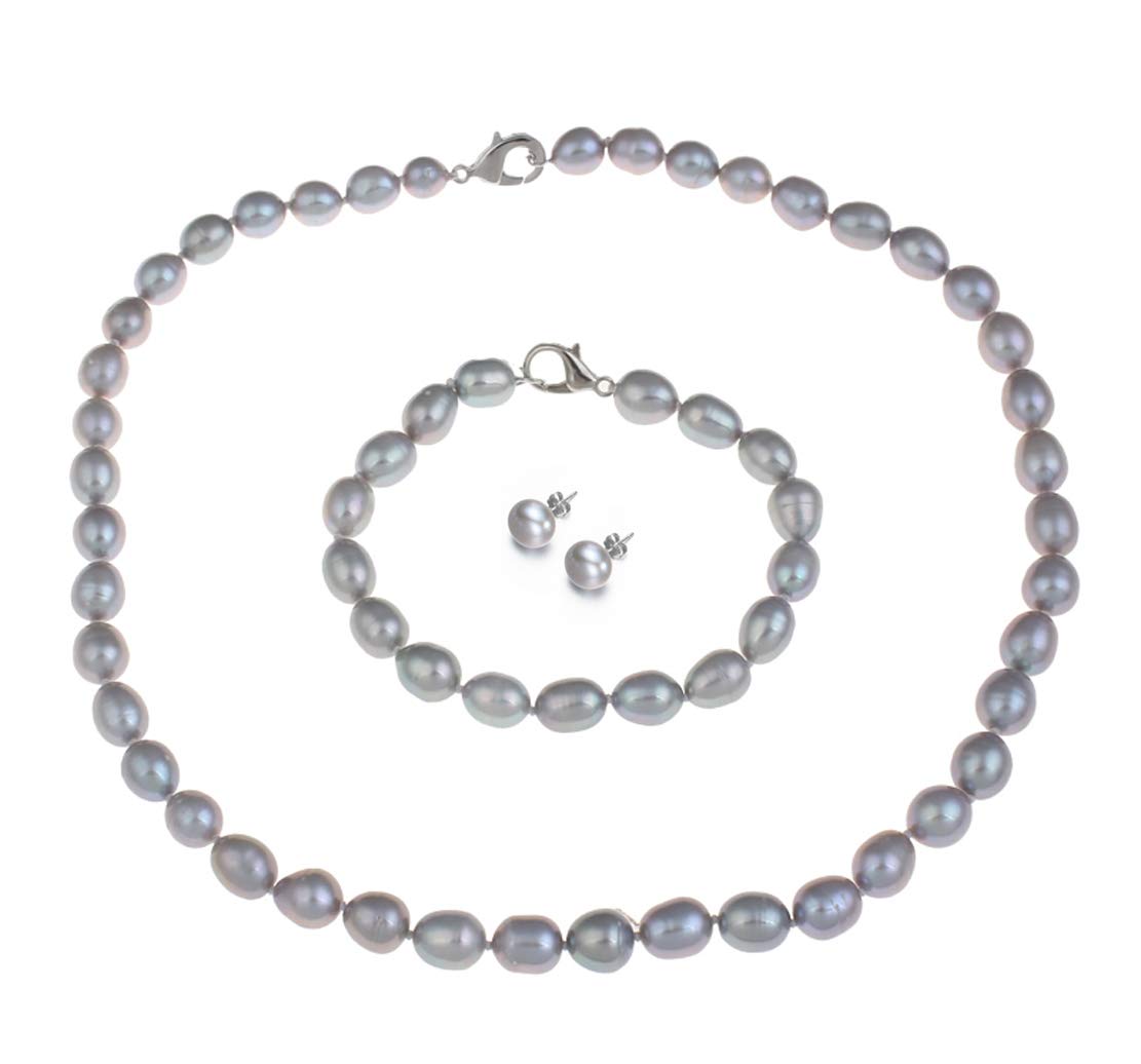 FAB Elegant 8mm Rice Shape Freshwater Pearl Necklace Bracelet and earrings Tri Set (Grey)