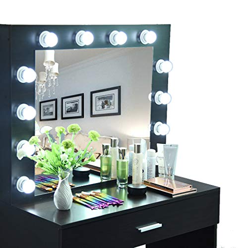 FunDiscount Vanity Set with Lighted Mirror, Cushioned Stool and Drawers, Modern Makeup Vanity Dressing Table Dresser Desk Vanities Bench for Bedroom Living Room Girls Dressing Room (Black) - Thumbnail 6
