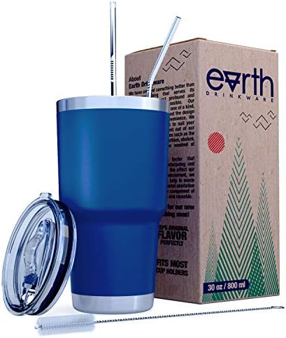 EARTH 30 oz Royal Blue Stainless Steel Tumbler with Splash Proof Lid, 2 Straws, Pipe Brush & Gift Box - Double Wall Travel Mug Flask | Vacuum Insulated Rambler Coffee Cup | BPA Free