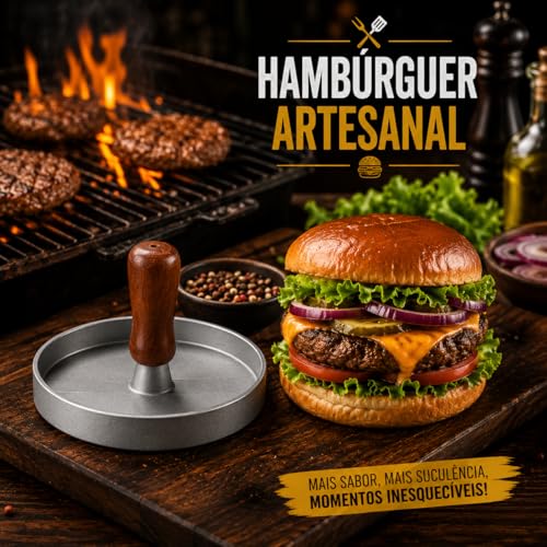 Molde para Hambúrguer em Aço Inoxidável com Cabo de Madeira – Prensa para Carne Gourmet Artesanal