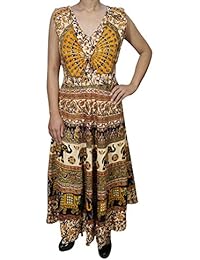 Womens Sundress Indian Handmade Block Print Elephant On Trail Boho Summer Dresses