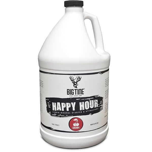 BIG TINE HAPPY HOUR, LIQUID DEER MINERAL ATTRACTANT, CHERRY RUSH FLAVOR, 1 GALLON CONTAINER, POWERFUL AND LONG LASTING, CONCENTRATED SCENT AND FLAVOR