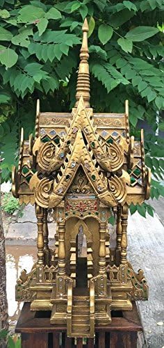 Large Antique Gold and Glass Thai Buddhist Wood Carving for Spiritual Haunted Spirit House Temple Two Roof and Four Door.