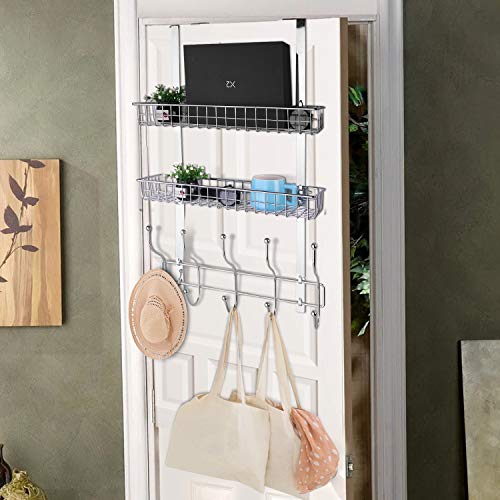Coat Rack, MILIJIA Over The Door Hanger with Mesh Basket, Detachable Storage Shelf for Towels, Hats, Handbags, Coats (Chrome-2 Layer)