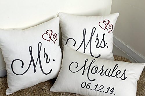 Embroidered Mr. & Mrs. Personalized Set of 3 pcs Pillow/Pillowcases - Custom Wedding, Couple, Name & Date Cushion, Anniversary Gift