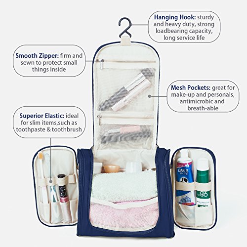 Hanging Toiletry Bag Travel Cosmetic Kit - Large Essentials Organizer - Sturdy Hook Makeup bag - Heavy Duty Waterproof for Men and Womens (Dark Blue)