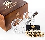Diamond Cut Whiskey Stones Gift Set in Vintage Wood Box - 2 Large 11oz Drinking Glasses + 8 Gold Stainless Steel Chilling Rocks | Reusable Ice Cube Cool Drinks Without Diluting | Gift for Men or Women