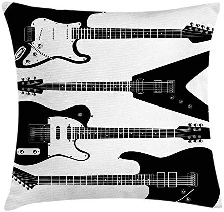 XIAOYI Music Throw Pillow Cushion Cover, Black and White Electrical Guitars in Four Six String Instruments, Decorative Square Accent Pillow Case, 18 X 18 Inches, Black White