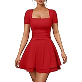 XXTAXN Women's Sexy Square Neck Short Sleeve Ruched Tiered Ruffle Hem Flowy Club Party Mini Dress