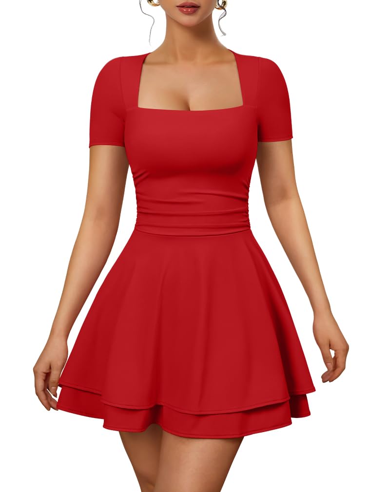 Photo 1 of XXTAXN Women's Sexy Square Neck Short Sleeve Ruched Tiered Ruffle Hem Flowy Club Party Mini Dress Red