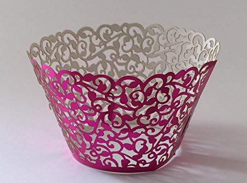 12 pcs Classic Filigree Lace Cupcake Wrapper for Standard Size Cupcake Liners Wrappers (Choose Color) (Metallic Fuchsia)