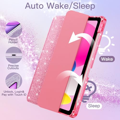 JETech Glitter Case for iPad (A16) 11th/10th Generation (2025/2022) with Pencil Holder, Cute Sparkly Slim Case for Boys and Girls, Shell Back Clear Sparkle (Pink)