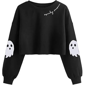 Women's Ghost Witch Crop Sweatshirt Fall Halloween Long Sleeve Pullover | Spooky Season Sweatshirt, Funny Halloween Sweatshir