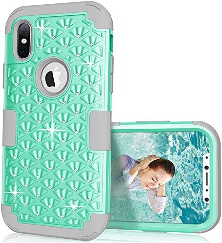 iPhone X Case, VPR iPhone X Bling Case [Hard PC+ Soft Silicone] Heavy Duty 3 in 1 Diamond Studded Hybrid Shockproof Case Full-Body Protective Defender Cover for Apple iPhone X (2017) (Mint+Grey)