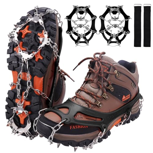 WIN.MAX Steigeisen Grödel Eisspikes, Schuhkrallen mit19 Edelstahl Zähne Spikes Schuhkrallen Grödeln Eisspikes für Klettern Bergsteigen Trekking High Altitude Winter Outdoor (Schwarz, M)