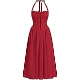 ABEHIK Women Floral Corset Dress Summer Dresses Boho Flowy Adjustable Halter Neck Lace Up Midi Dresses A Line Casual Sundress