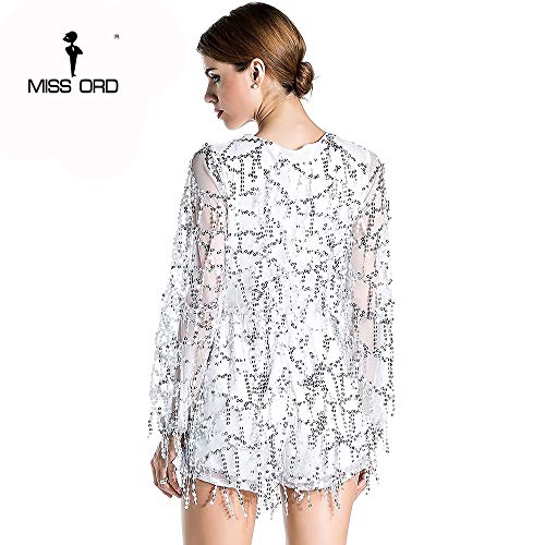 Miss ord Long Sleeve Slim Soft Lining Casual Jumpsuit Romper with Sequins White X-Small