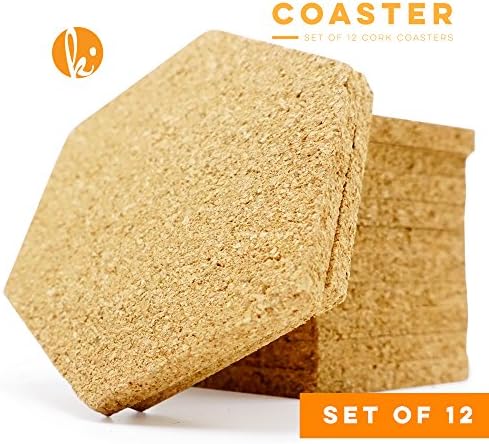 Super Absorbent Coasters for Kitchen Table, Cork Coasters for Drinks, Cup Coasters for Stain-Free Surfaces, Set of 12, Hexagon