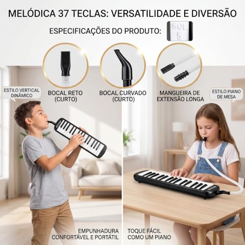 VEDO Escaleta 37 Teclas Infantil, com Bocal Duplo e Bolsa, Teclado De Piano de Ar, Instrumento Musical, Instrumentos Musicais de Brinquedo, Adequado Para Crianças e Adultos, Presente Perfeito, Preto