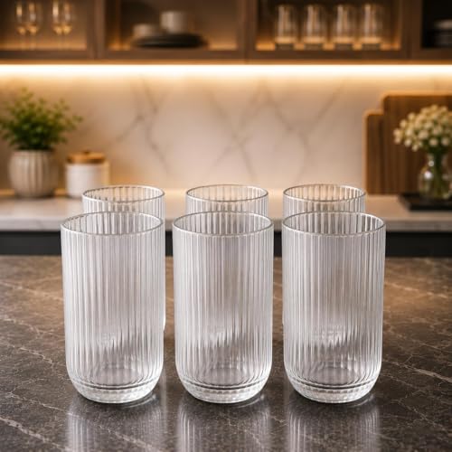 Kit 6 Copos de Vidro Canelado Transparente 430ml Design Moderno Elegante Ideal para Água Suco Drinks Whisky Refrigerante Mesa Posta Cozinha Bar Restaurante Jogo com 6 Copos Para Ambientes Elegantes